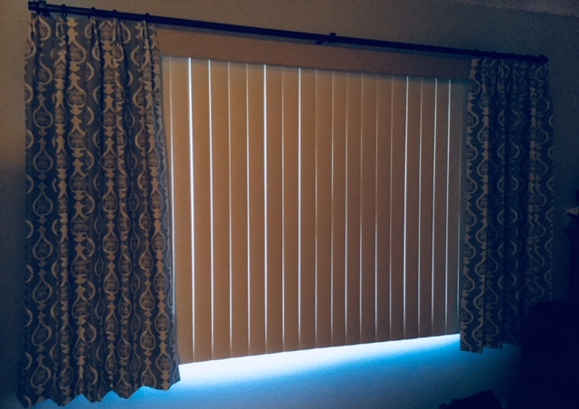 Fabric Cornice Stationary Panels And Vertical Blinds Bwc Interiors
